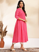 Thumbnail for Janasya Pink Cotton Woven Design Gathered Kurta