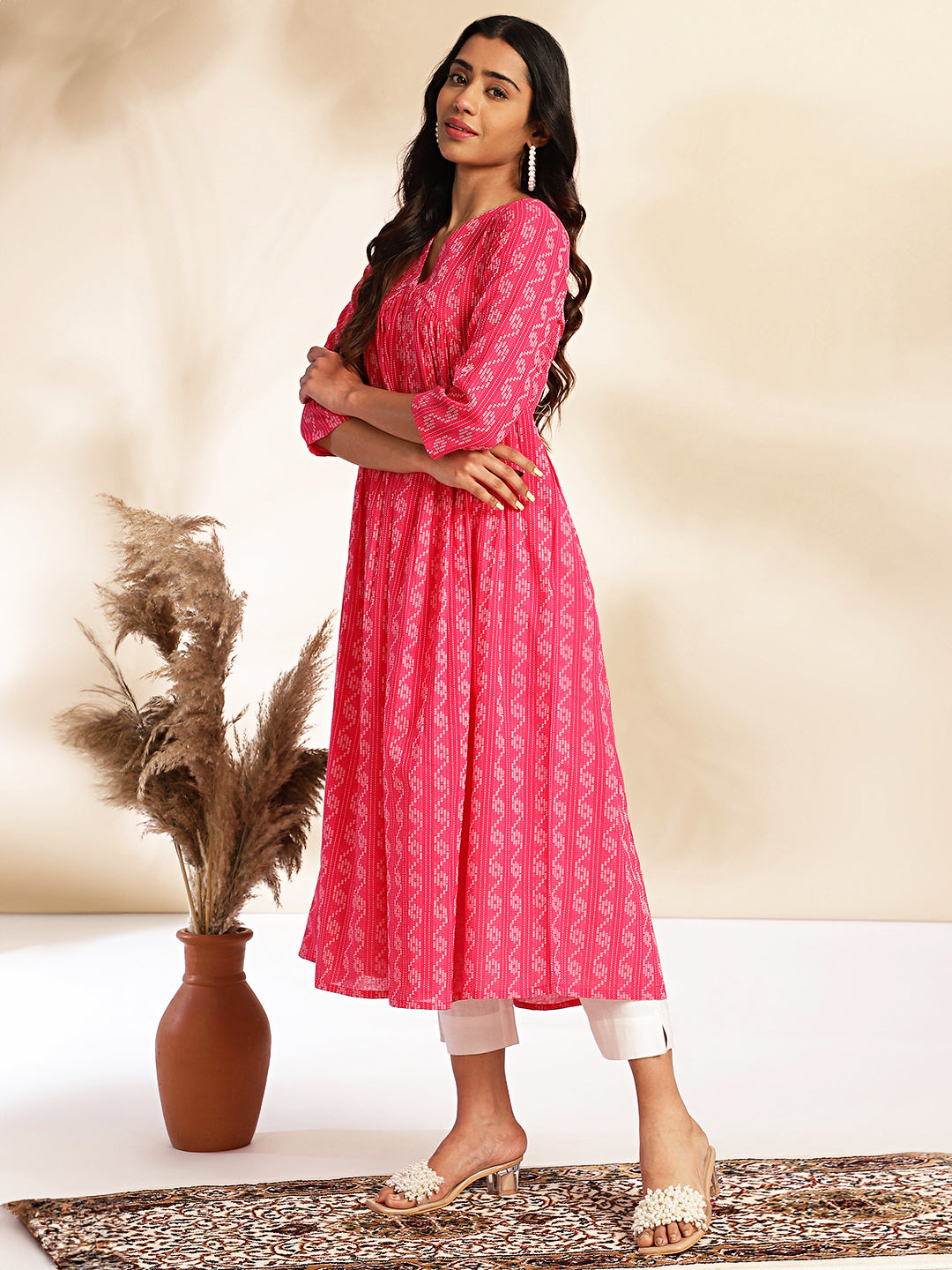 Janasya Pink Cotton Woven Design Gathered Kurta