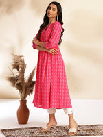 Thumbnail for Janasya Pink Cotton Woven Design Gathered Kurta