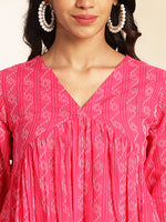 Thumbnail for Janasya Pink Cotton Woven Design Gathered Kurta