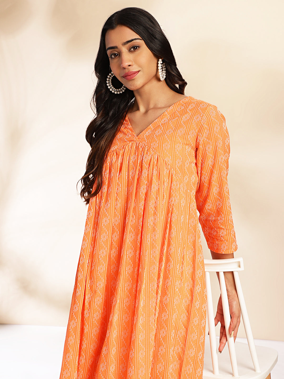 Janasya Orange Cotton Woven Design Gathered Kurta