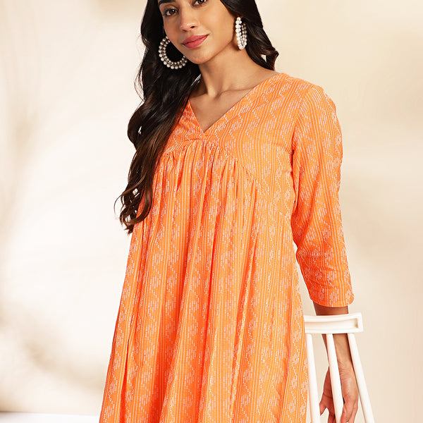 Janasya Orange Cotton Woven Design Gathered Kurta