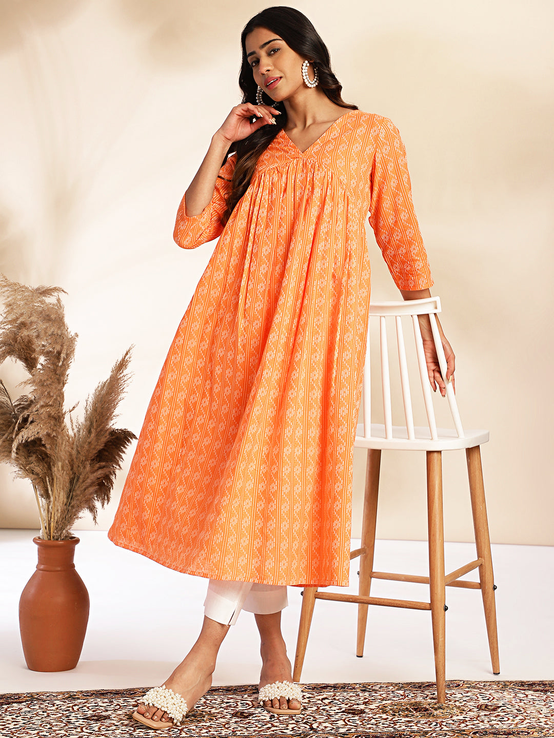 Janasya Orange Cotton Woven Design Gathered Kurta