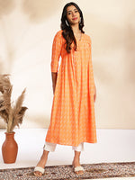 Thumbnail for Janasya Orange Cotton Woven Design Gathered Kurta