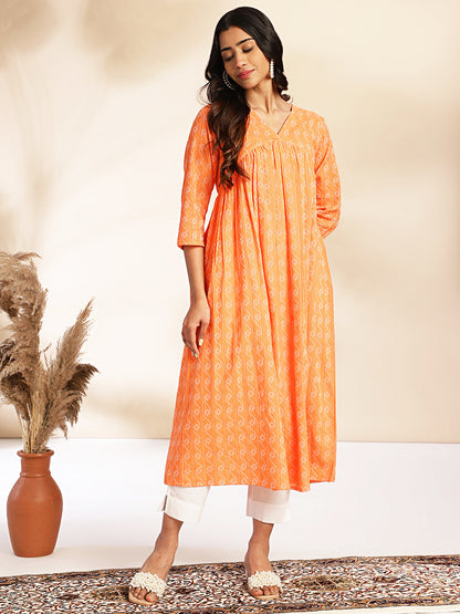 Janasya Orange Cotton Woven Design Gathered Kurta - Distacart