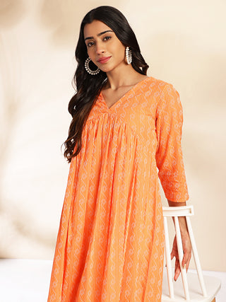 Janasya Orange Cotton Woven Design Gathered Kurta