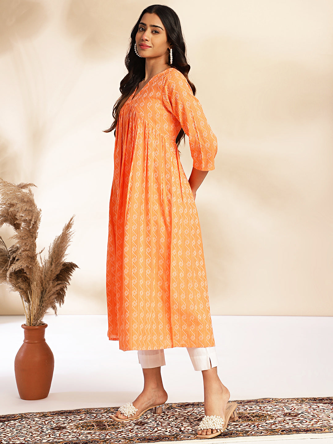 Janasya Orange Cotton Woven Design Gathered Kurta - Distacart