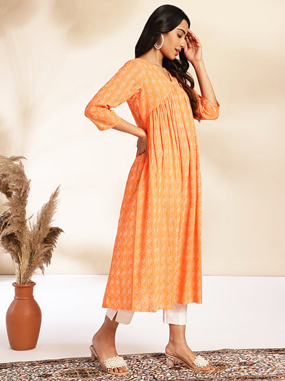 Janasya Orange Cotton Woven Design Gathered Kurta - Distacart