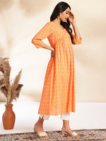 Thumbnail for Janasya Orange Cotton Woven Design Gathered Kurta