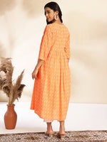 Thumbnail for Janasya Orange Cotton Woven Design Gathered Kurta