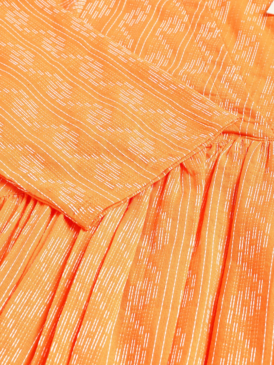 Janasya Orange Cotton Woven Design Gathered Kurta