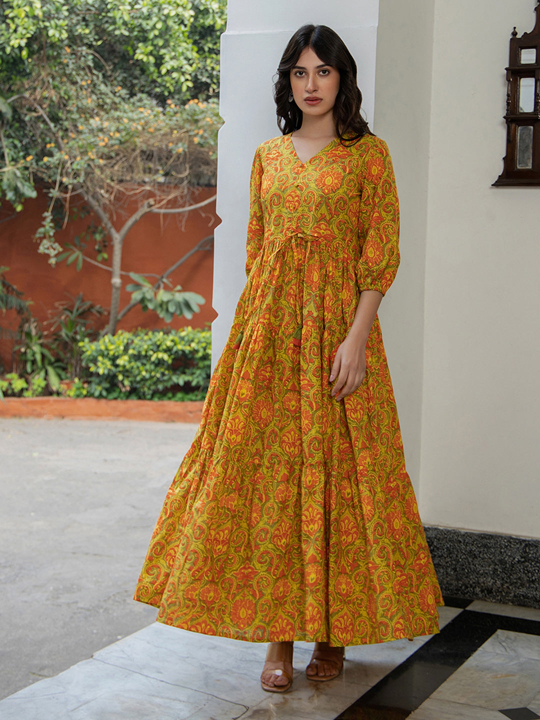 Janasya Green Cotton Printed Tiered Dress