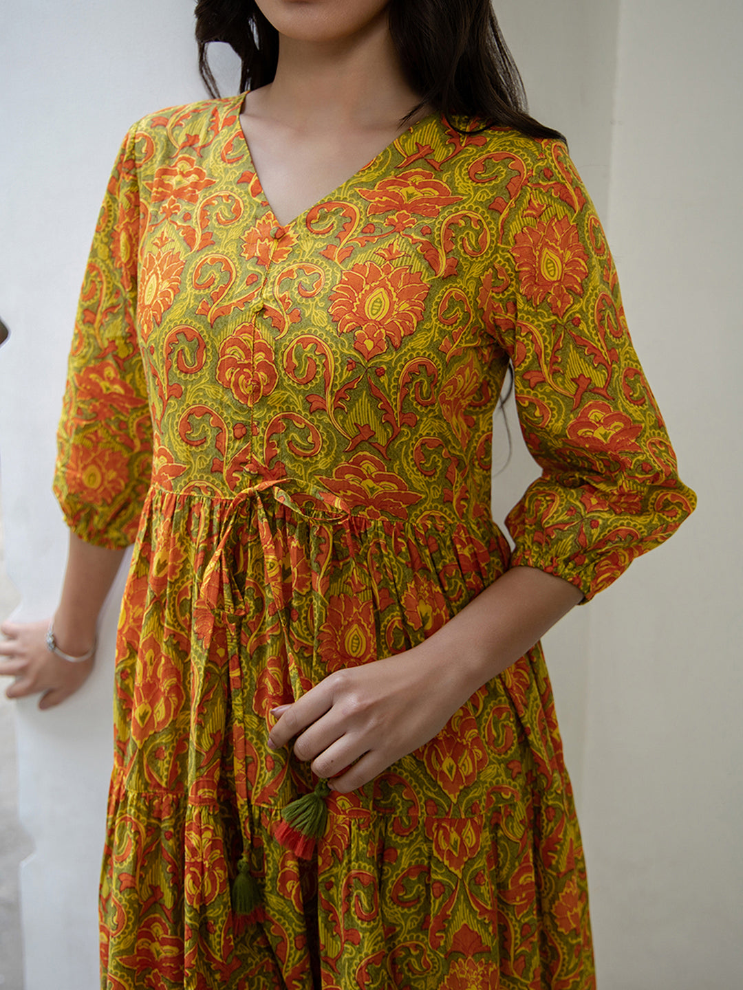 Janasya Green Cotton Printed Tiered Dress