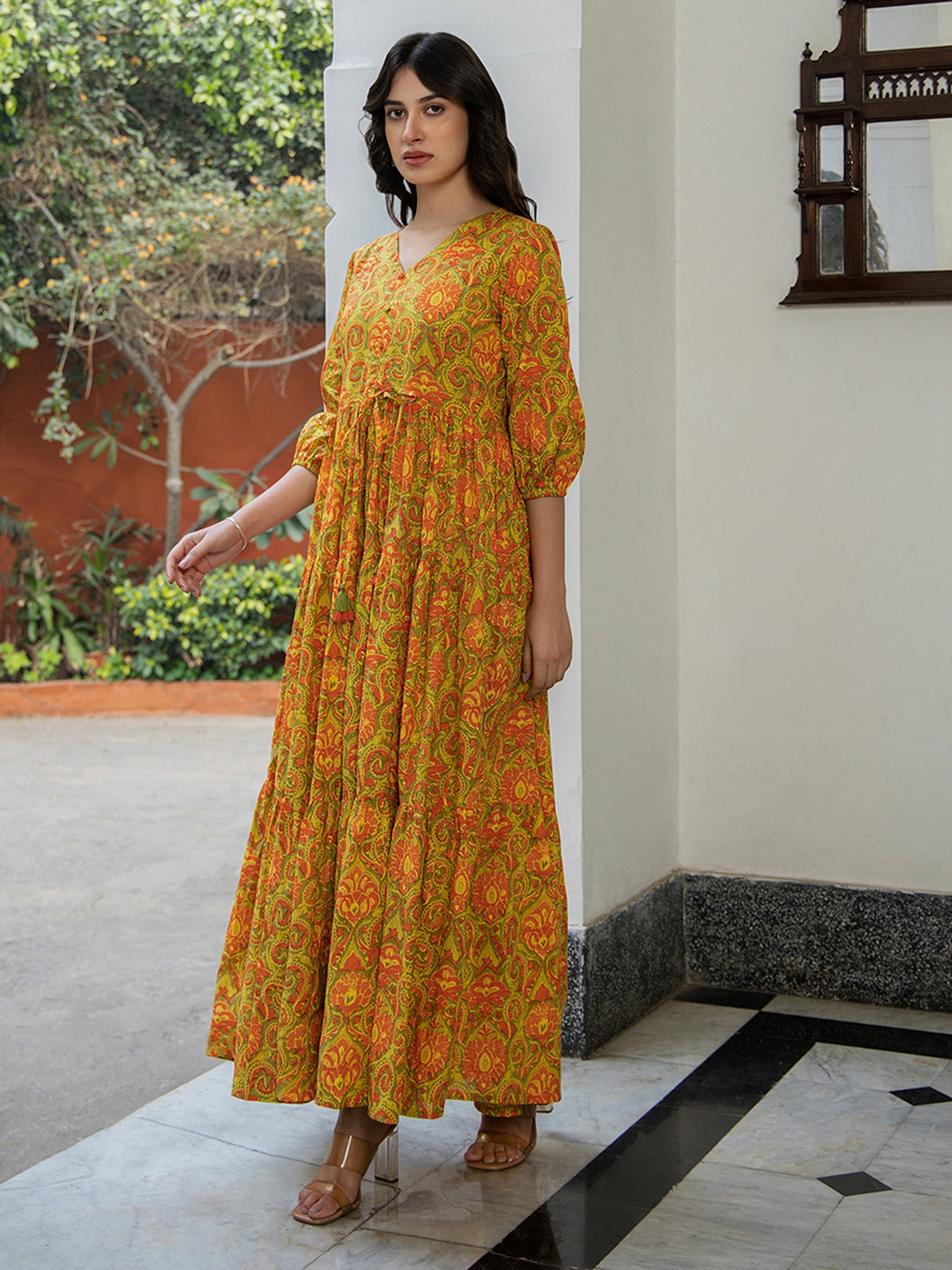 Janasya Green Cotton Printed Tiered Dress