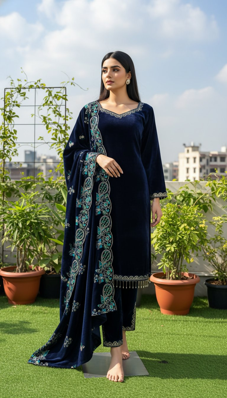 Teeya Creation Blue Color Velvet Designer Embroidery Work party Wear Suit
