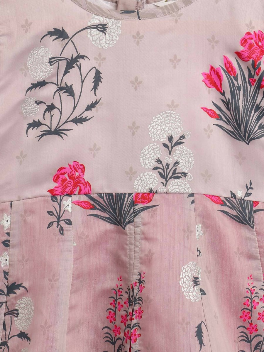 Ahalyaa Grey Chanderi Silk Pigment Print Kids Front Slit Kurta For Girls - Distacart