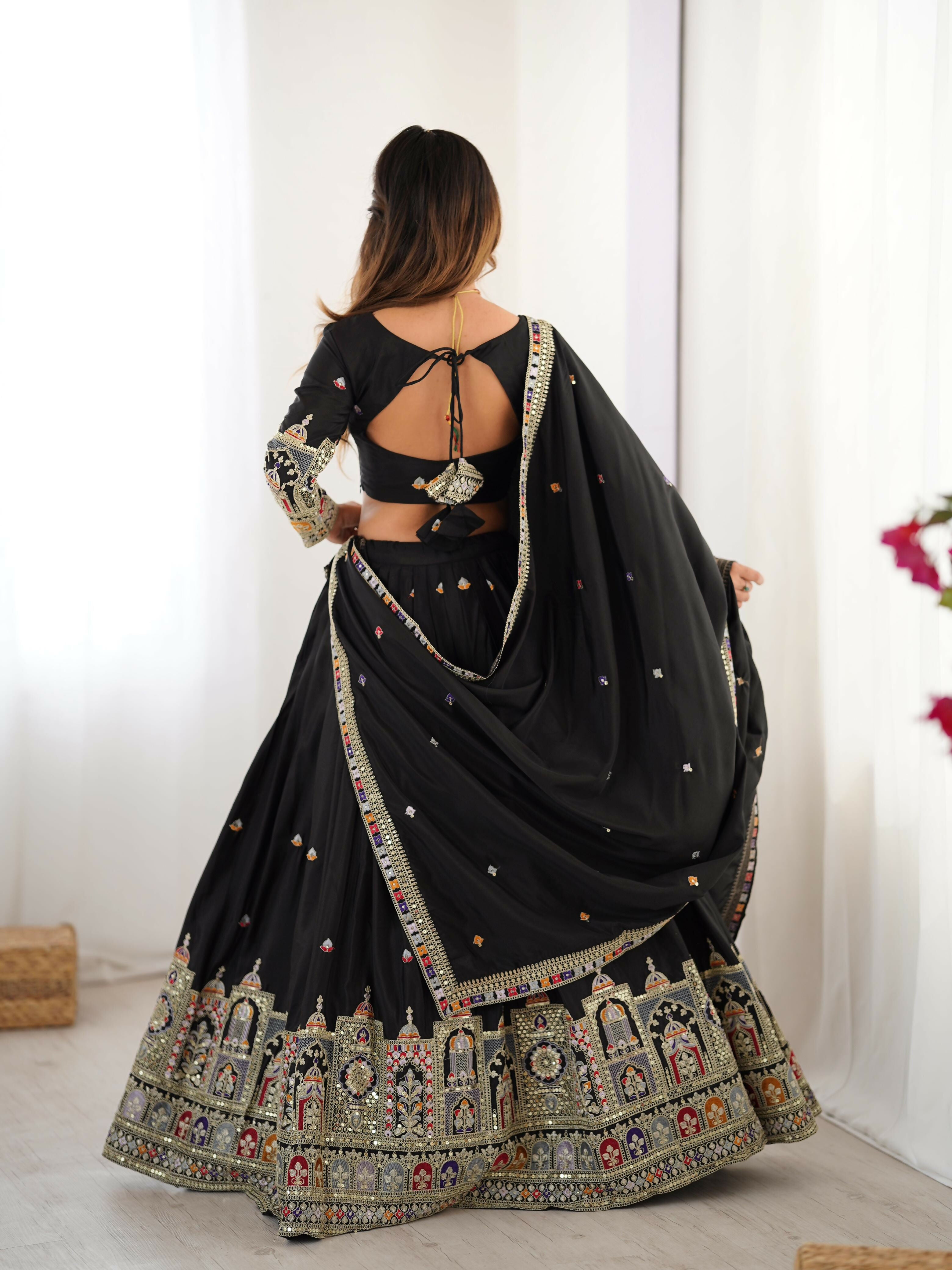Joban Fashion Black Lehenga Crepe silk Coding Dori with Sequence with Rivet Moti