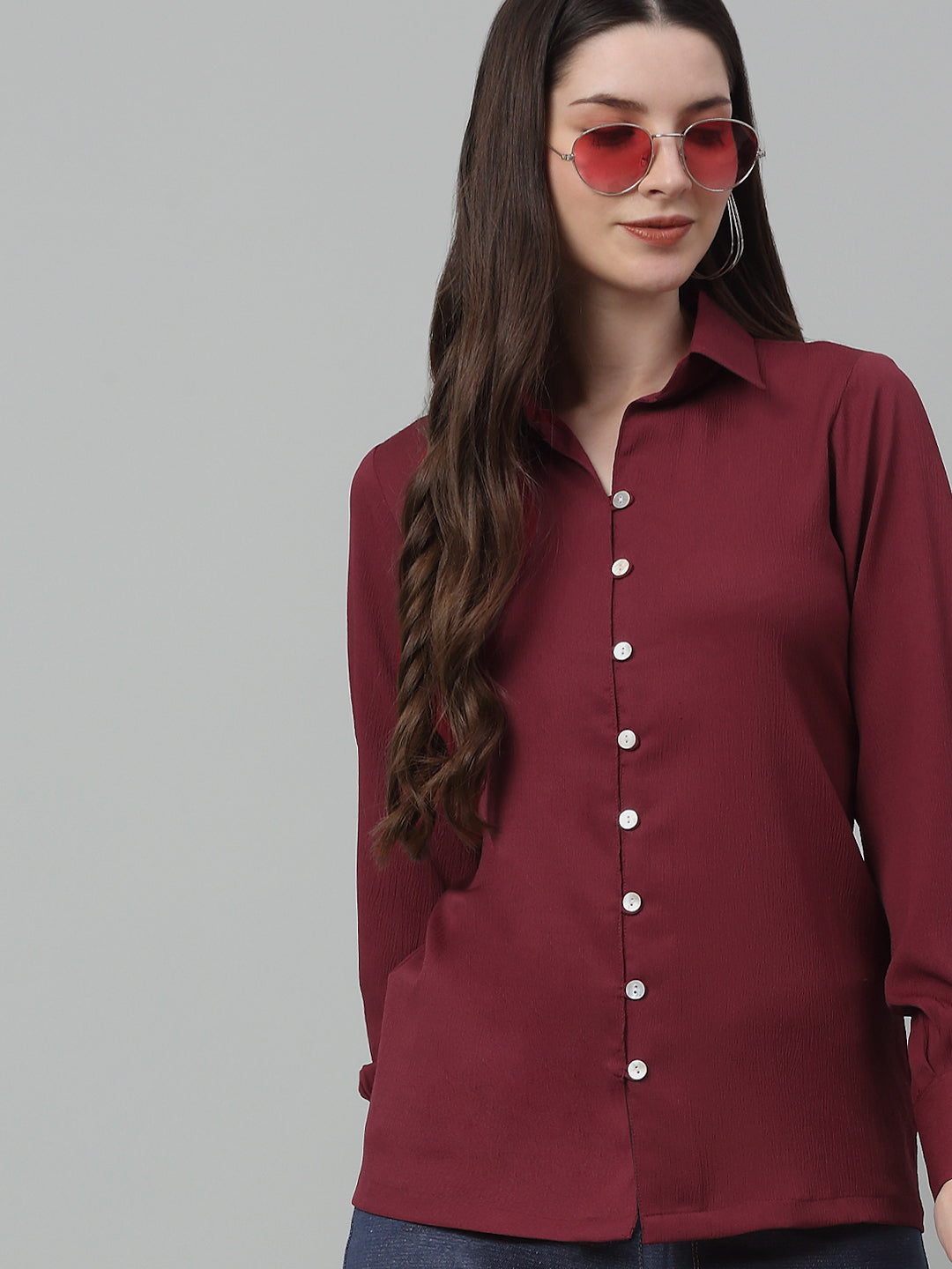 Jainish Women's Maroon Solid Casual Shirt - Distacart