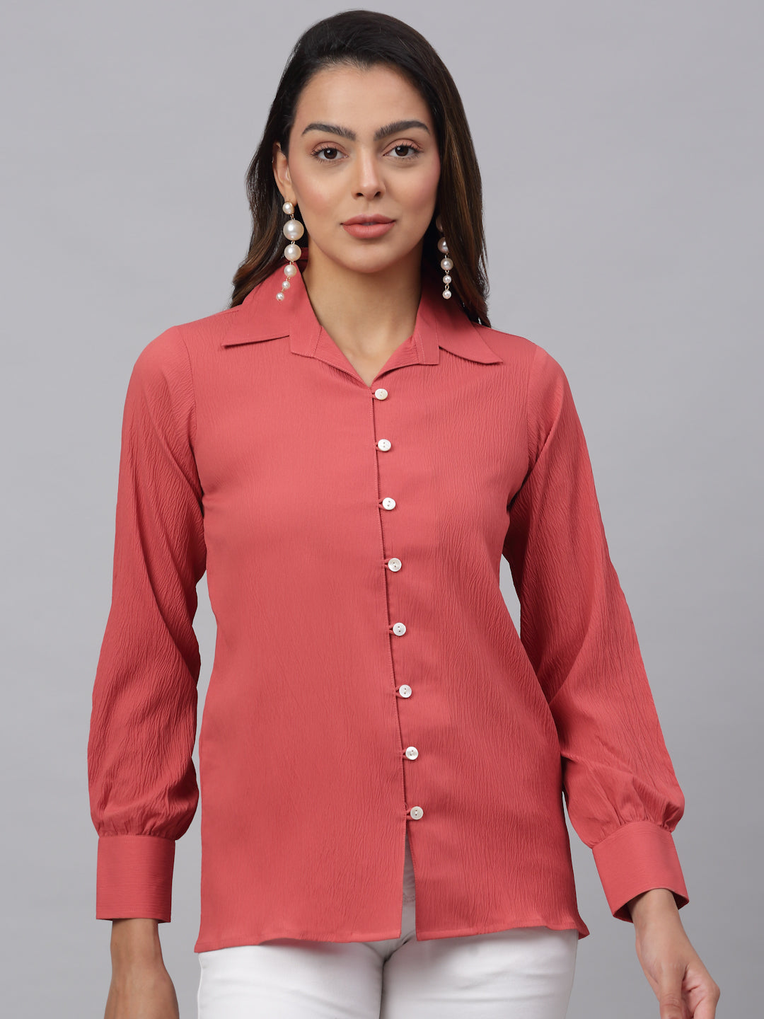 Jainish Women's Peach Solid Shirt - Peach - Distacart