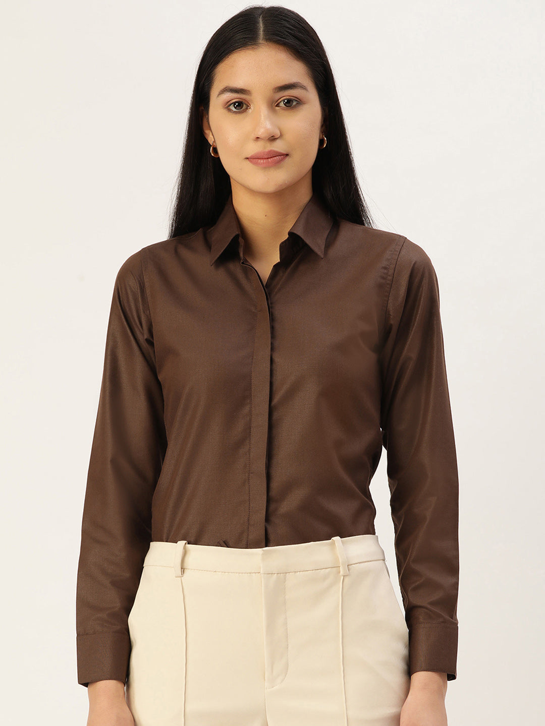 Jainish Women's Coffee Solid Shirt Style Top - Distacart
