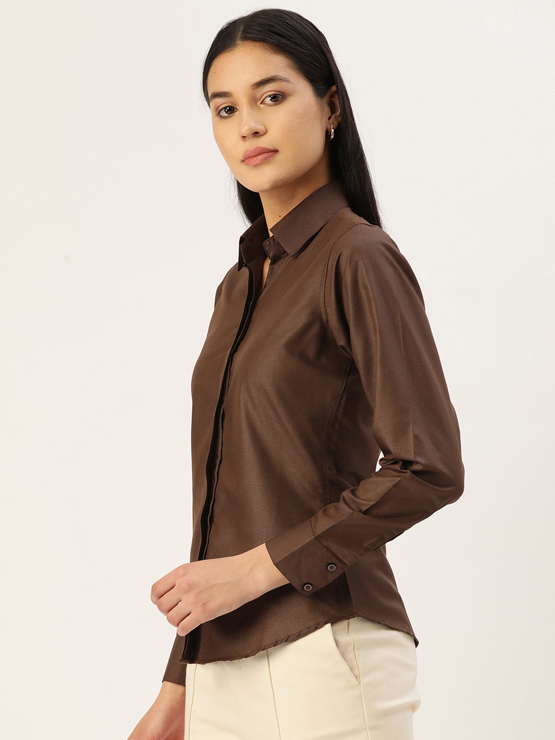 Jainish Women's Coffee Solid Shirt Style Top - Distacart