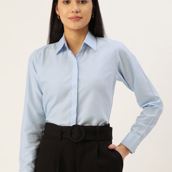 Jainish Women's Blue Solid Shirt Style Top - Distacart