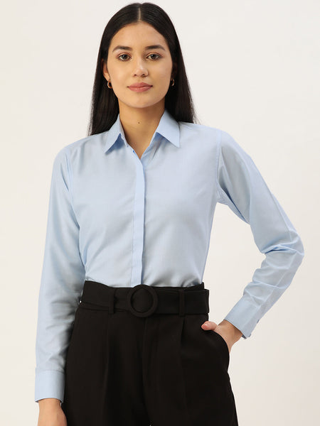 Jainish Women's Blue Solid Shirt Style Top - Distacart