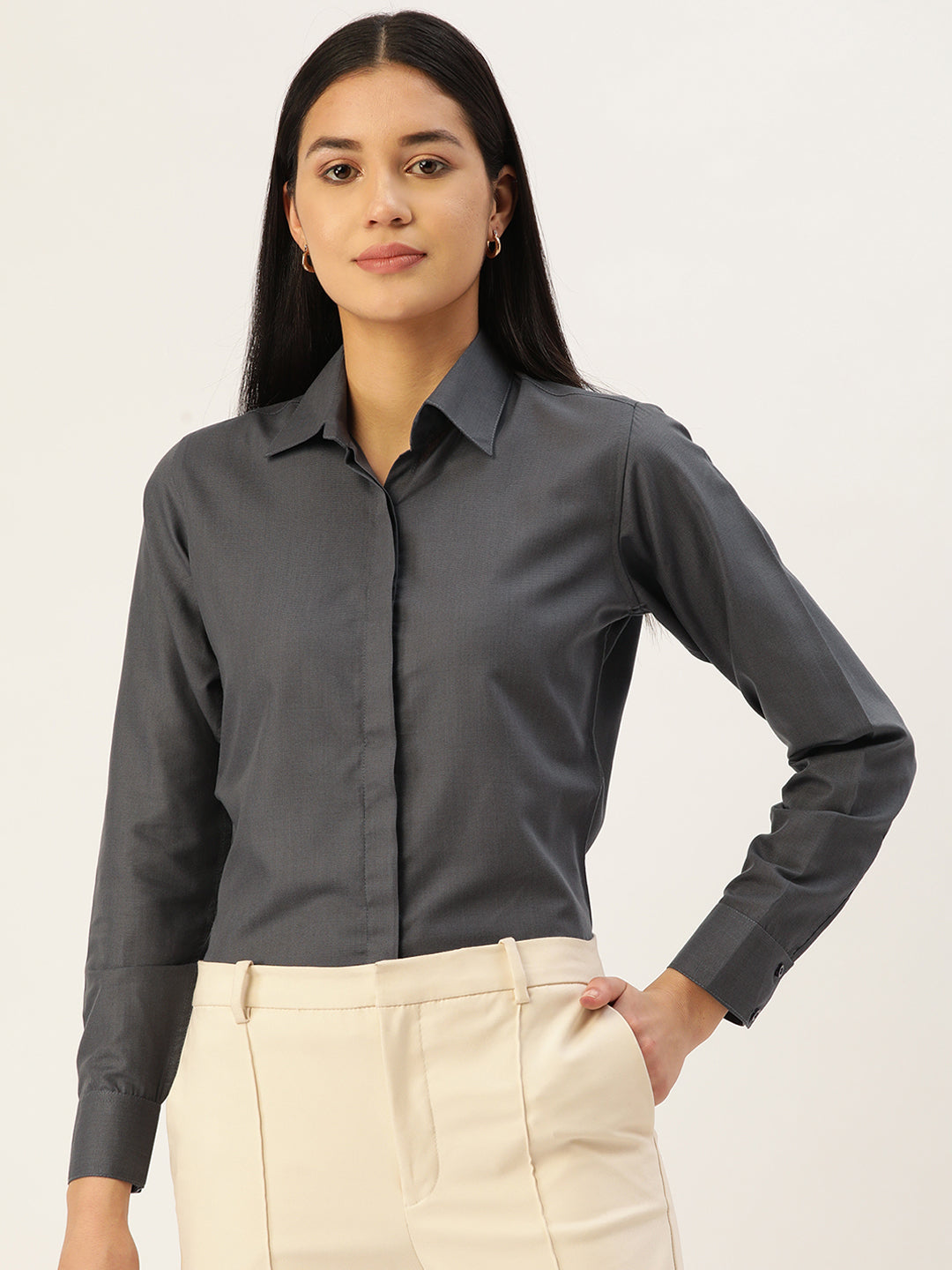 Jainish Women's Grey Solid Shirt Style Top - Distacart