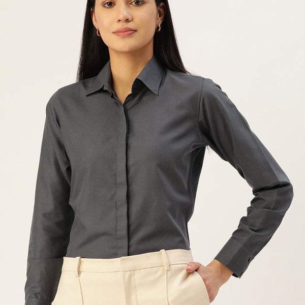 Jainish Women's Grey Solid Shirt Style Top - Distacart