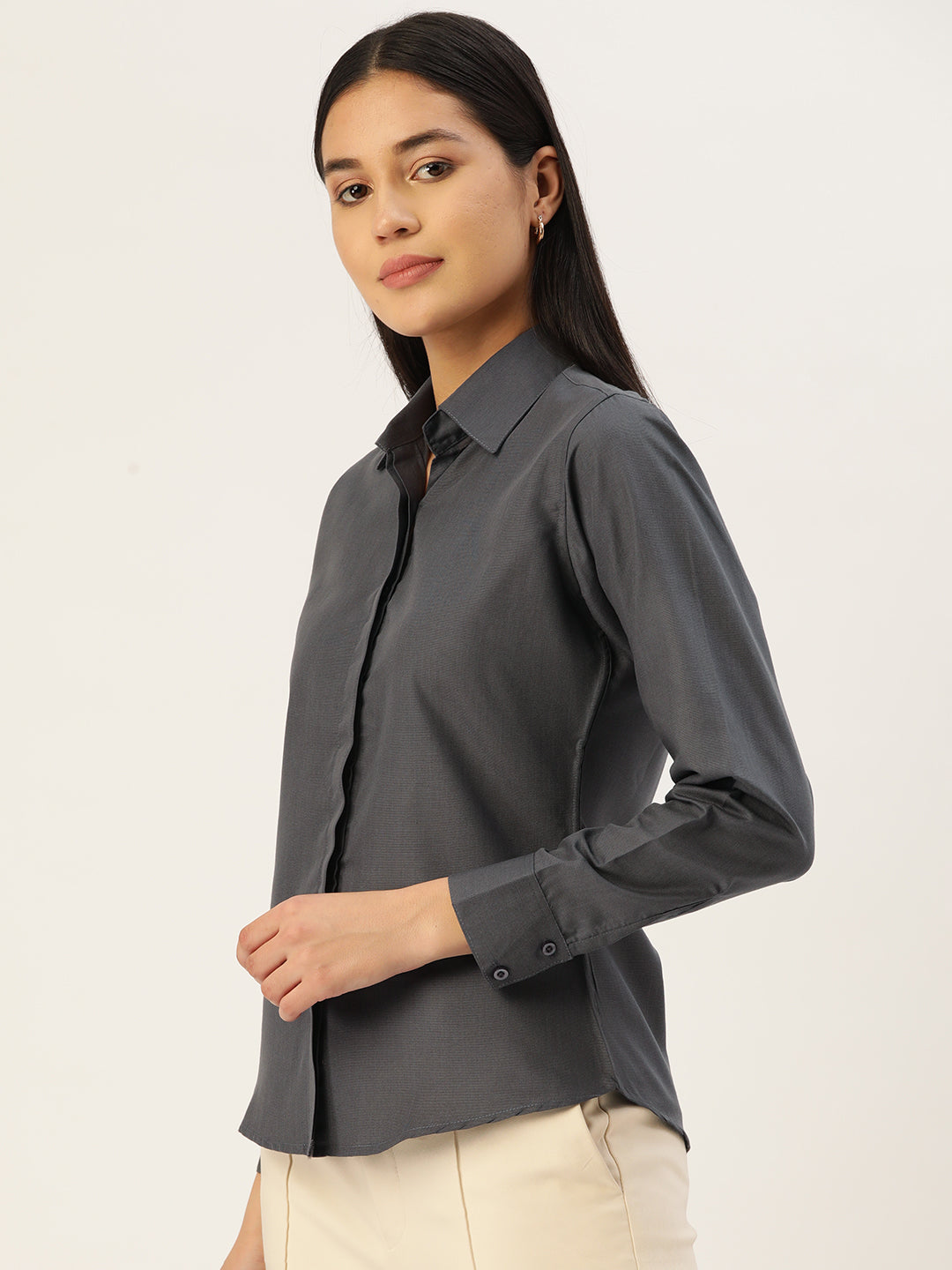 Jainish Women's Grey Solid Shirt Style Top - Distacart
