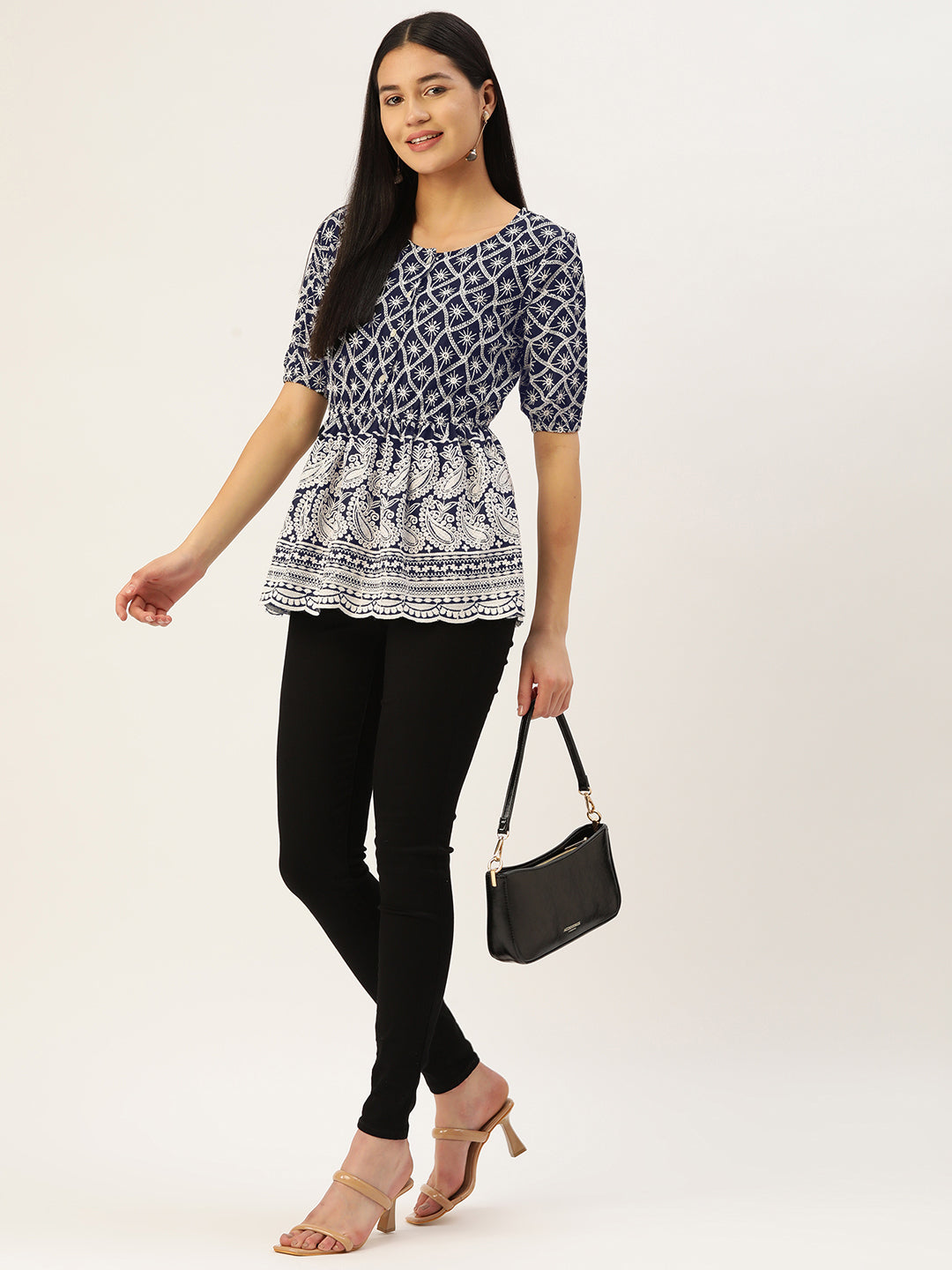 Jainish Women's Chikankari Sequen Work Empire Top - Navy Blue - Distacart