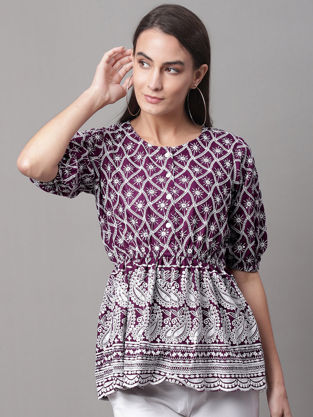 Jainish Women's Chikankari Sequen Work Empire Top - Purple - Distacart