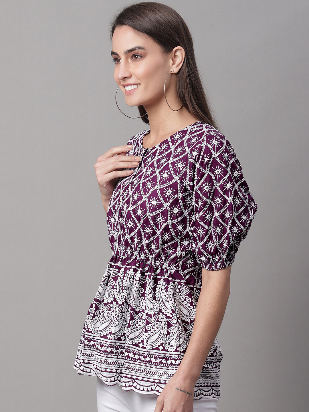 Jainish Women's Chikankari Sequen Work Empire Top - Purple - Distacart