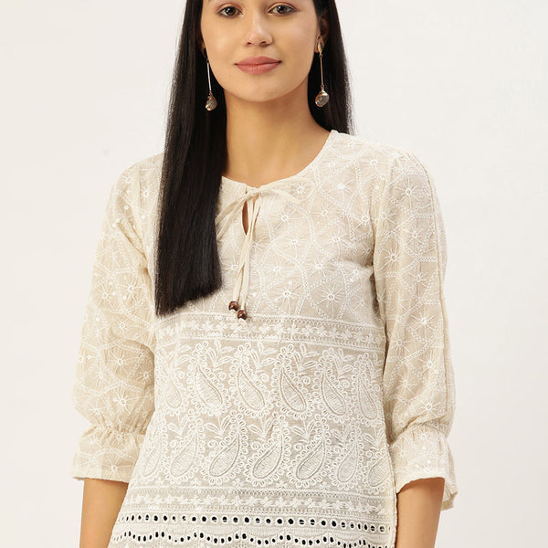 Jainish Women's Chikankari Sequen Work Empire Top - Cream - Distacart