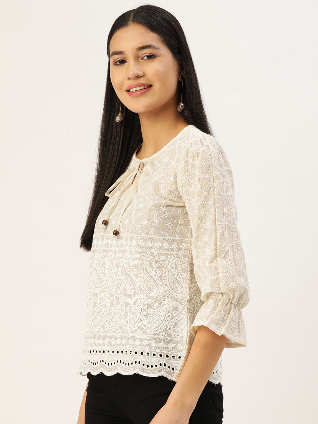 Jainish Women's Chikankari Sequen Work Empire Top - Cream - Distacart