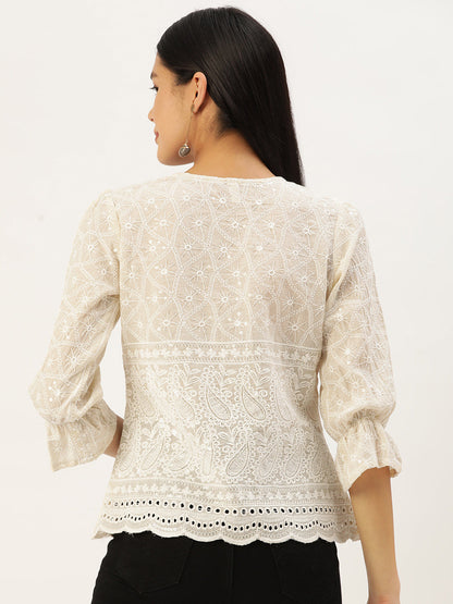Jainish Women's Chikankari Sequen Work Empire Top - Cream - Distacart