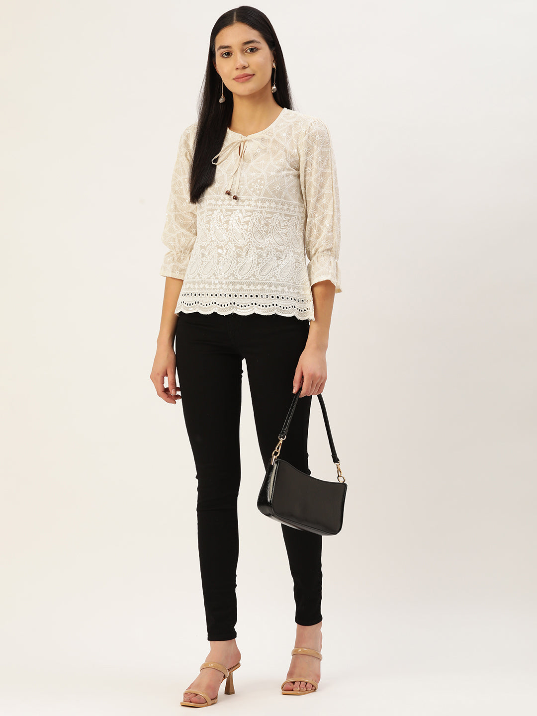 Jainish Women's Chikankari Sequen Work Empire Top - Cream - Distacart