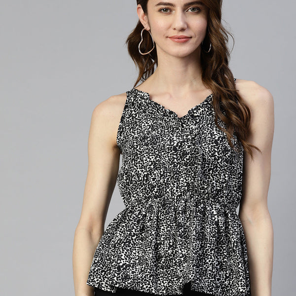 Jainish Women's Printed crop top with frills - Black - Distacart