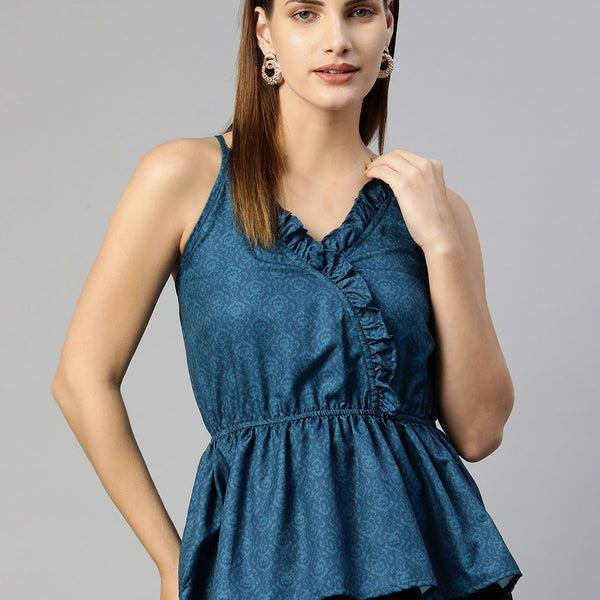 Jainish Women's Printed crop top with frills - Blue - Distacart