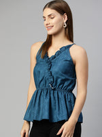 Thumbnail for Jainish Women's Printed crop top with frills - Blue - Distacart