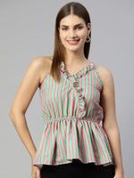 Thumbnail for Jainish Women's Printed crop top with frills - Green-Peach - Distacart