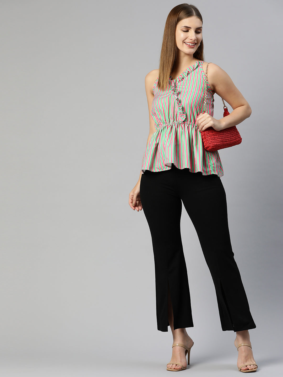 Jainish Women's Printed crop top with frills - Green-Peach - Distacart