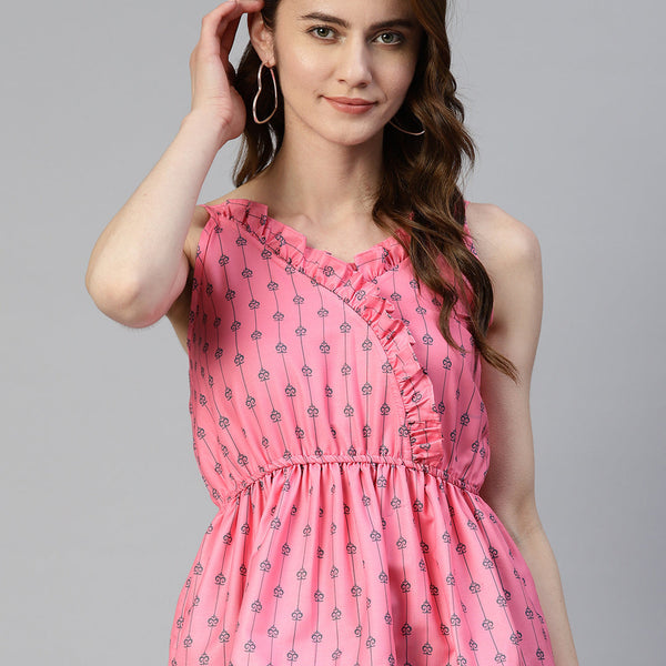 Jainish Women's Printed crop top with frills - Peach - Distacart