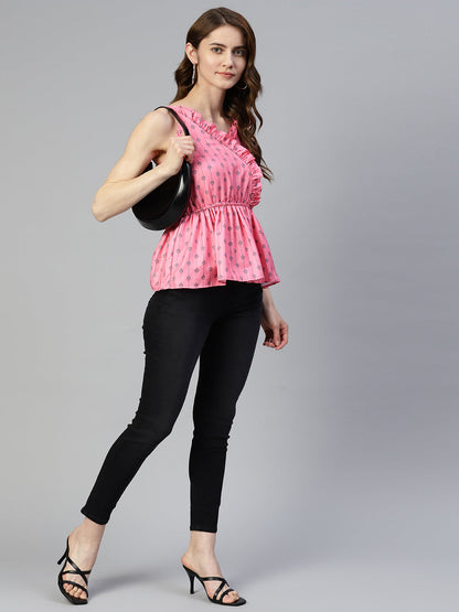 Jainish Women's Printed crop top with frills - Peach - Distacart