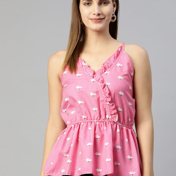 Jainish Women's Printed crop top with frills - Pink - Distacart