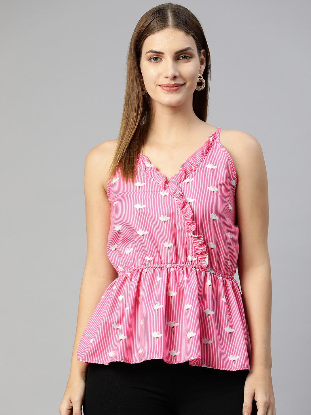 Jainish Women's Printed crop top with frills - Pink - Distacart