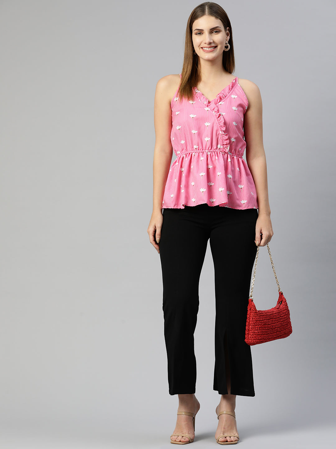 Jainish Women's Printed crop top with frills - Pink - Distacart