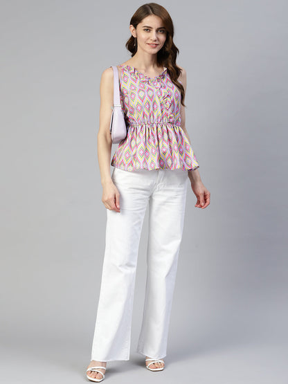Jainish Women's Printed crop top with frills - Purple - Distacart