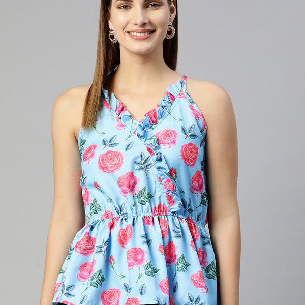 Jainish Women's Printed crop top with frills - Sky Blue - Distacart