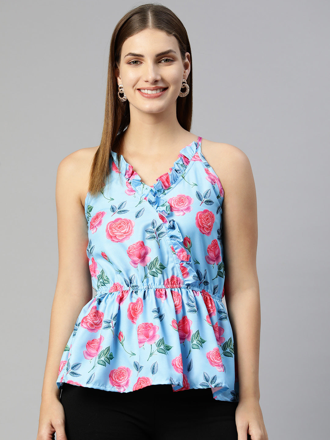 Jainish Women's Printed crop top with frills - Sky Blue - Distacart